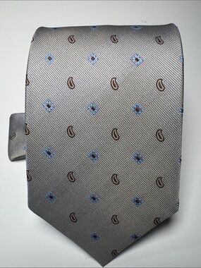 Massini Silver Tie with Blue and Brown Motif - Hand Made in Italy